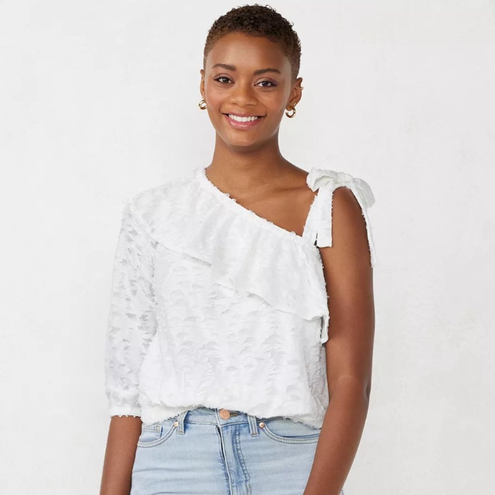 NWT LC LAUREN CONRAD ONE SHOULDER RUFFLE TOP (L / WHITE)